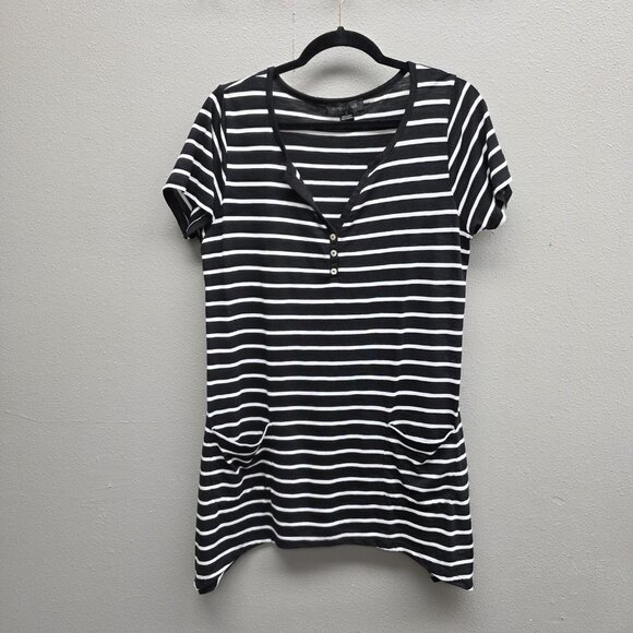 August Silk Shirt Womens Large Black Striped Henley Tunic Pockets Sharkbite Hem - Picture 1 of 11